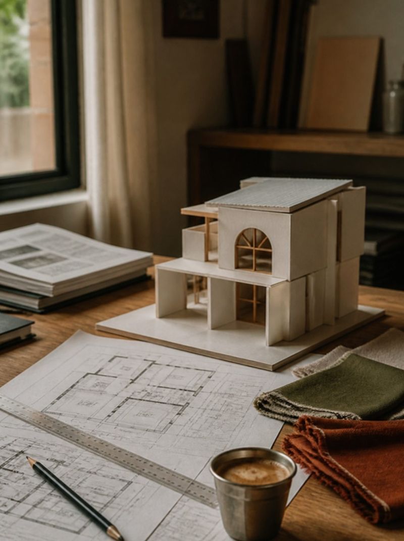 An architect's desk with floor plans, a house model and material swatches