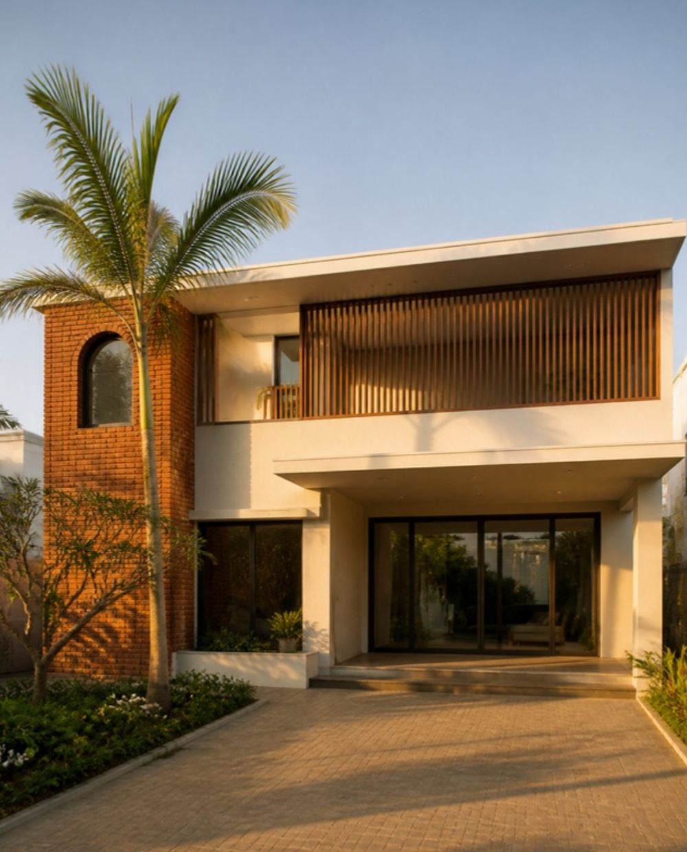 A contemporary two-storey family home with a red brick wall, timber screen and coconut palm, in evening light
