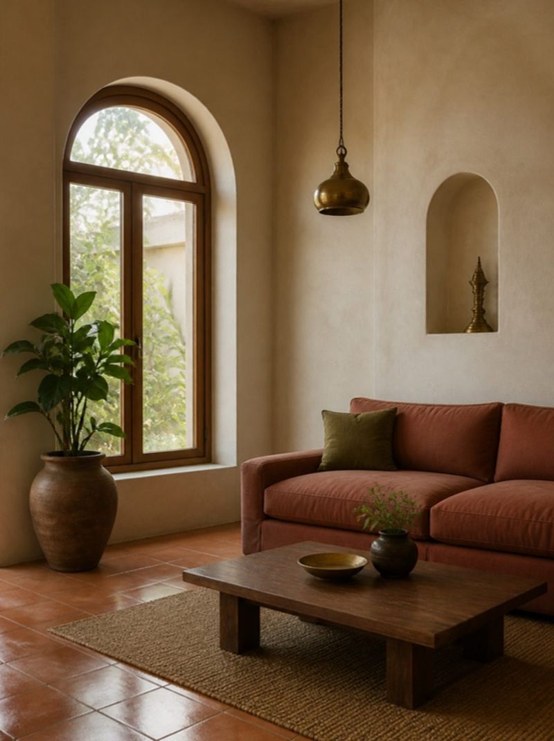 A living room with an arched teak window and a terracotta sofa