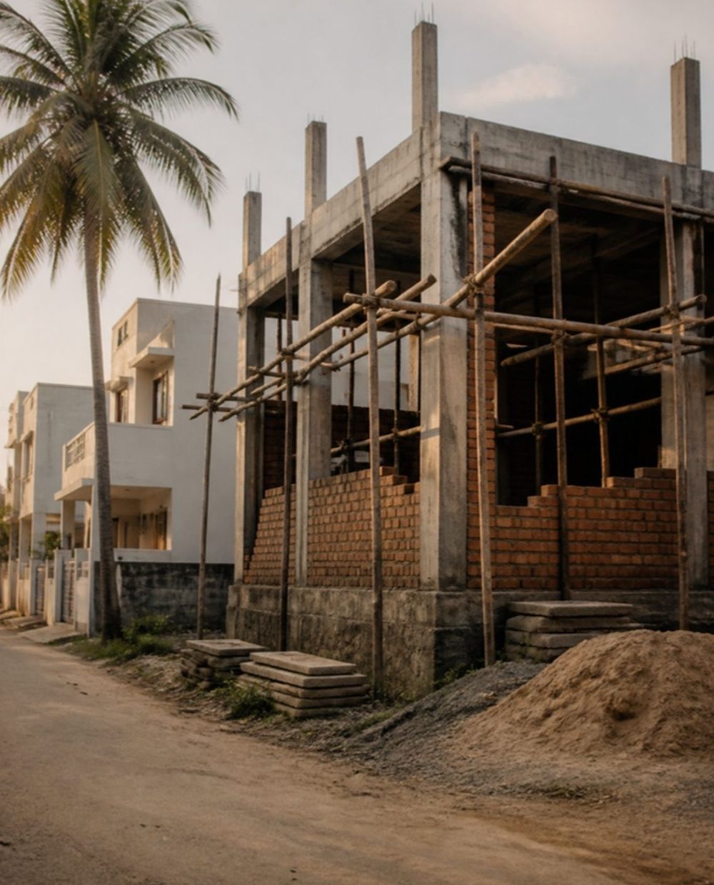 An independent house at the brickwork stage on a residential street